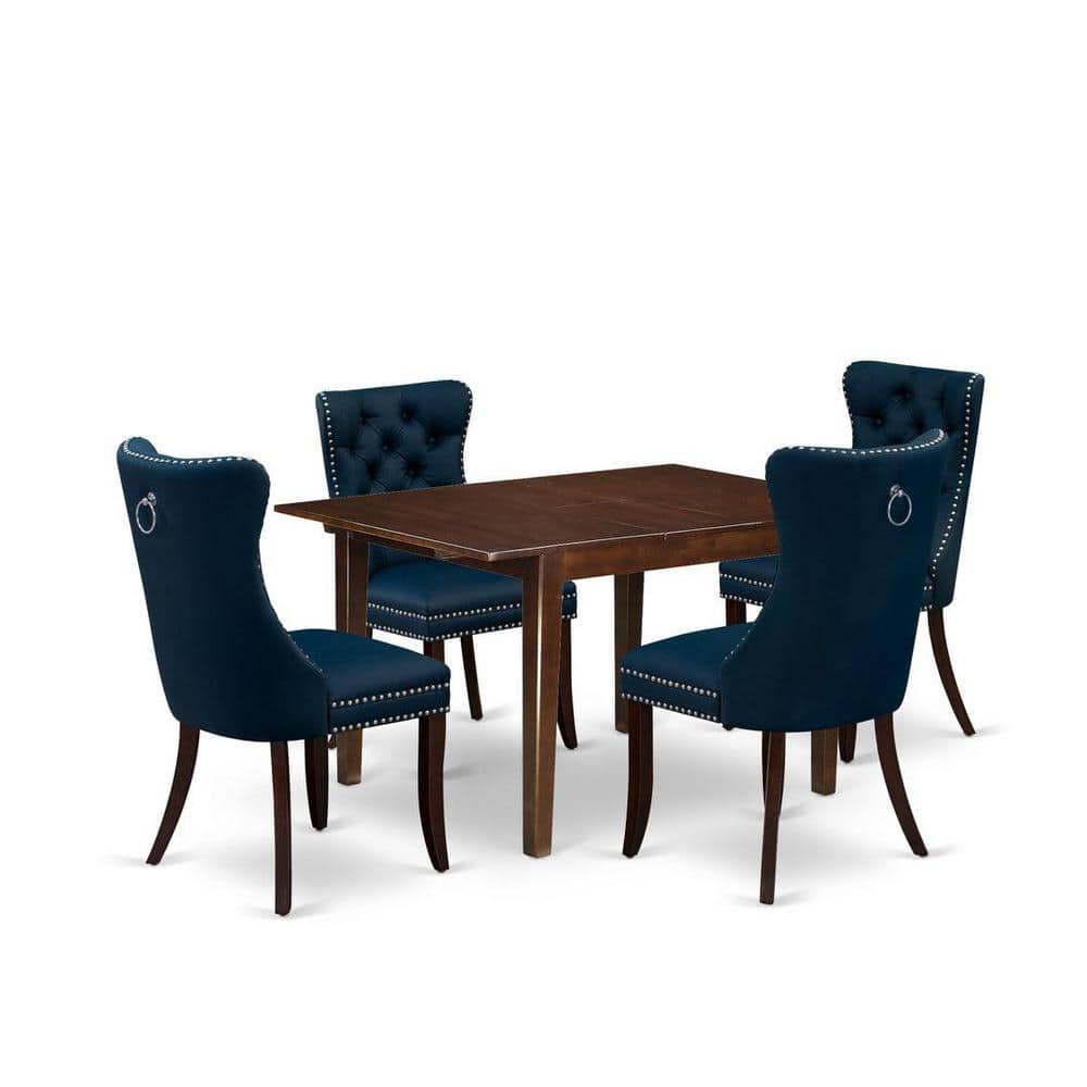 Mahogany 5-Piece Dining Set with Navy Blue Faux Leather Chairs