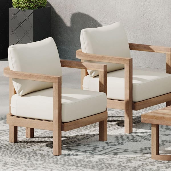 Set of 2 Outdoor Acacia Wood Patio Club Chair Lounge Chair with Waterproof Thick Beige Cushion for Porch, Garden