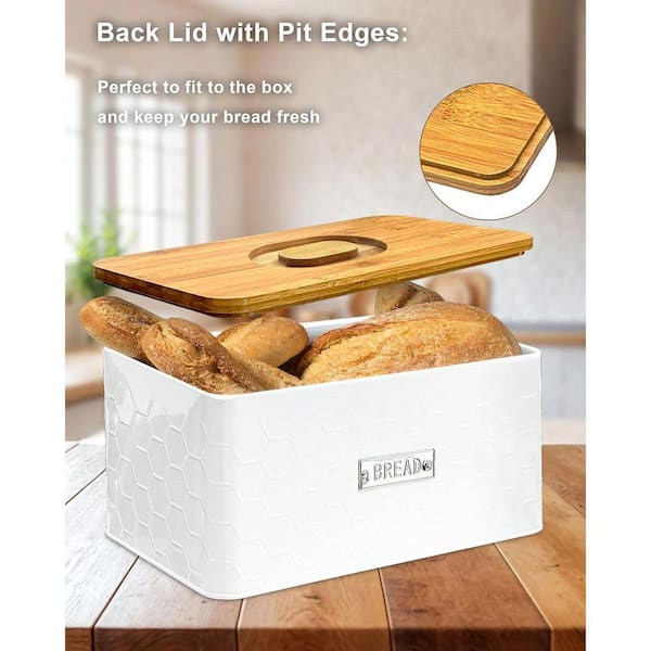 Lynzavix 1-Piece White Metal Bread Box with Bamboo Cutting Board