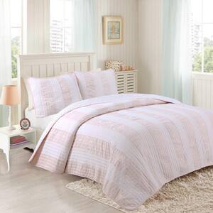 Sweet Little Star 3-Piece Light Pastel Peach White Striped Cotton Queen Quilt Bedding Set