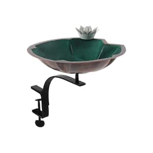 12 in. W Antique Copper Plated and Colored Patina Lilypad Birdbath with White Flower and Rail Mount Bracket