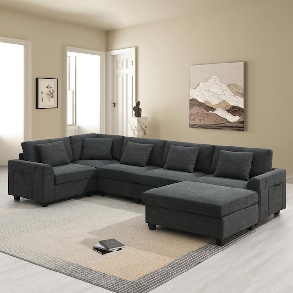 Harper & Bright Designs 128 in. Chenille Sectional Sofa in. Black with Oversized Ottoman, Hidden Armrest Storage, Cup Holders, Charging Ports