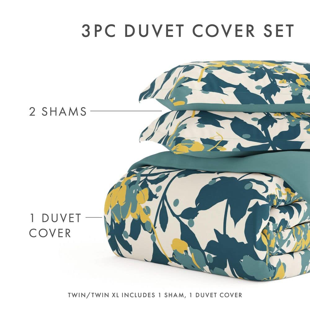 Teal and White Floral Microfiber Twin Duvet Cover Set