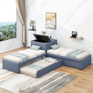 Gray L-shaped Twin Size Platform Bed, Upholstered Platform Bed with Trundle, Desk and 2 Drawers, Wood Kids Platform Bed
