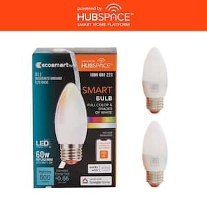 60-Watt Equivalent Smart B11 E26 Color Changing CEC LED Light Bulb with Voice Control Powered by Hubspace (2-Pack)