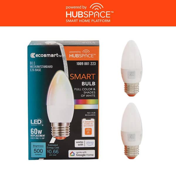 EcoSmart 60-Watt Equivalent Smart B11 E26 Color Changing CEC LED Light Bulb with Voice Control Powered by Hubspace (2-Pack)