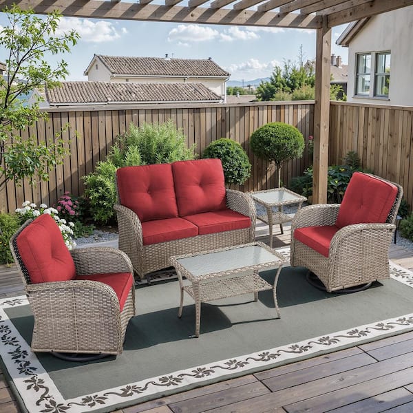 PlainCurve 5-Piece Gray Wicker Patio Conversation Set with Glider Loveseat and Olefin Red Cushions