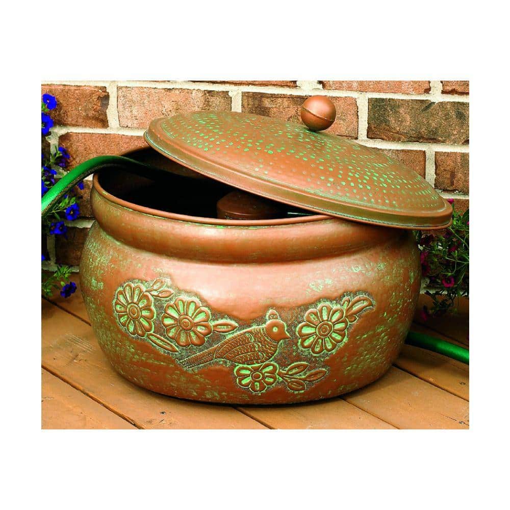 Copper and Green Patina Embossed Bird Hose Holder with Lid