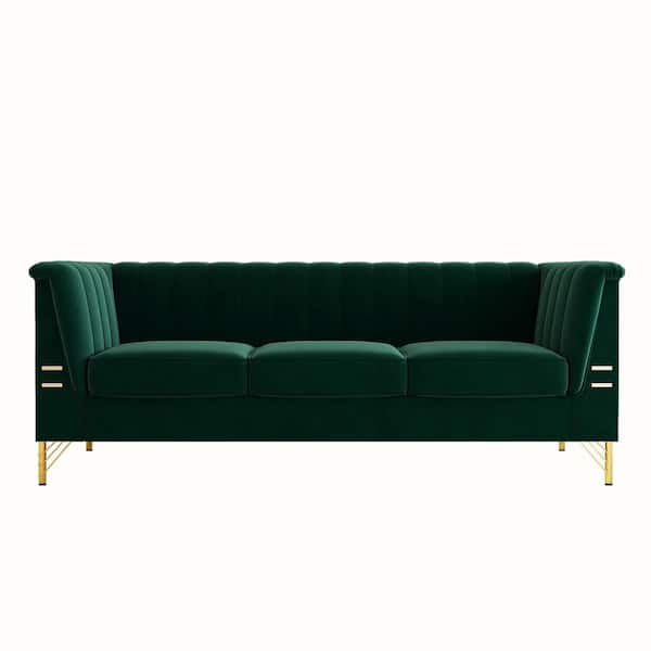 stufurhome KT 83.46 in. Straight Arm Velvet Rectangle Sofa in Blackish Green