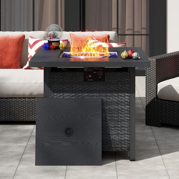 28 in. 50,000 BTU Gray Square Wicker Outdoor Fire Pit Table with Waterproof Cover and Fire Glass Beads
