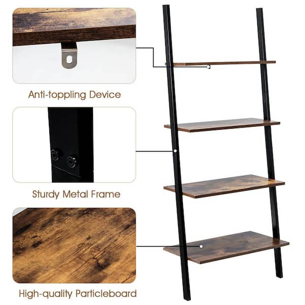 Gymax Ladder Shelf 4-Tier Leaning Wall Bookcase Rustic Brown Wood