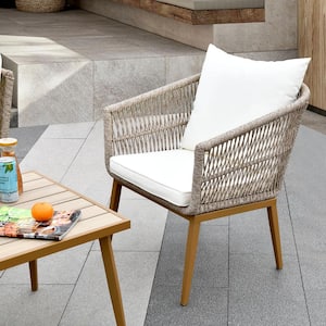 Brown Wicker Outdoor Patio Lounge Chair with Beige Cushions