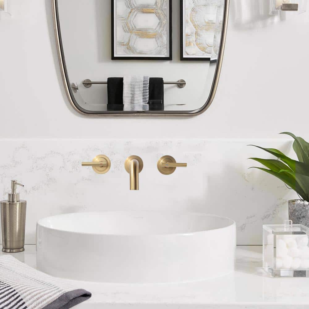 Brushed Gold Wall Mounted Double Handle Brass Faucet