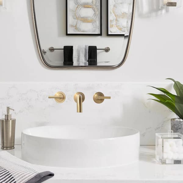 Wall Mount Double Handle Elegant Spout Bathroom Faucet in Solid Brass, Brushed Gold