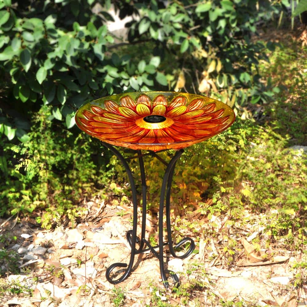 Solar Floral Glass Bird Bath with Metal Stand