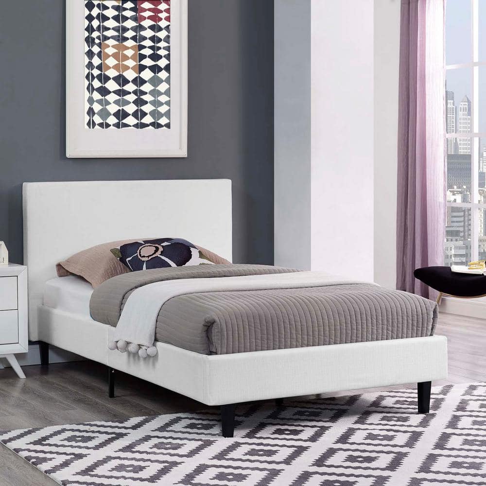 Anya Twin White Upholstered Platform Bed with Wood Slat Support