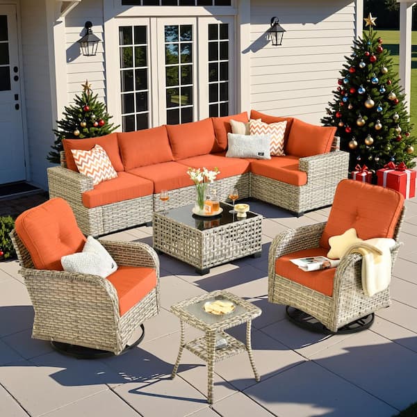 HOOOWOOO Merritt 9-Piece Wicker Outdoor Furniture Patio Conversation Sofa Set with Swivel Chairs and Orange Red Cushions