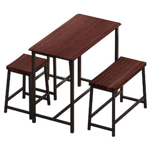 Set of 4 Dining Table Set Industrial Wood Metal Frame Table with Stools and Bench, Dark Brown