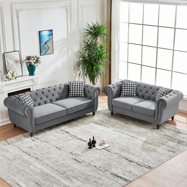 Egil 2-Piece 87 in. Rolled Arm Fabric Rectangle 3+2 Seater Sofa in. Grey with Nailhead Trim, Pillows