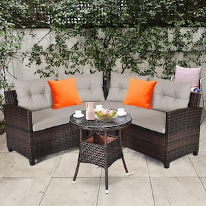 4-Pieces Rattan Patio Furniture Set Outdoor Sectional with Yellowish Cushioned Sofa Table