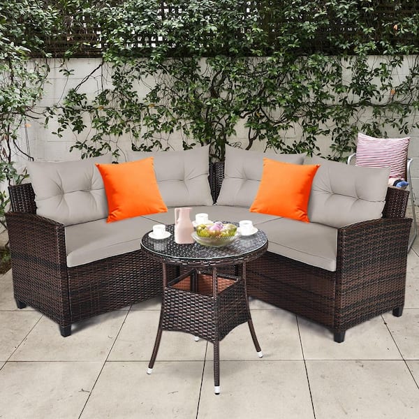 4-Pieces Rattan Patio Furniture Set Outdoor Sectional with Yellowish Cushioned Sofa Table