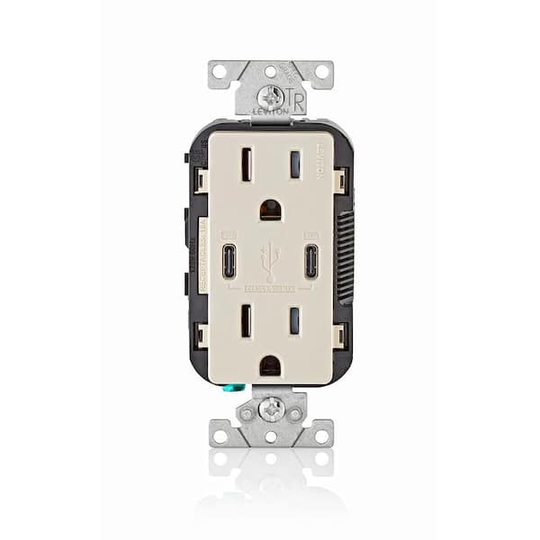 Decora 15 Amp Tamper Resistant Duplex Outlet with 30W USB-C Power Delivery Charger, Light Almond, (1-Pack) T5635-T