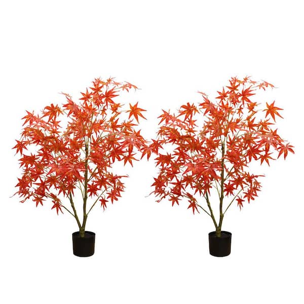2PCs 4FT Artificial Maple Trees, Autumn Realistic Maple Tree Artificial Maple Fall Tree In Pot