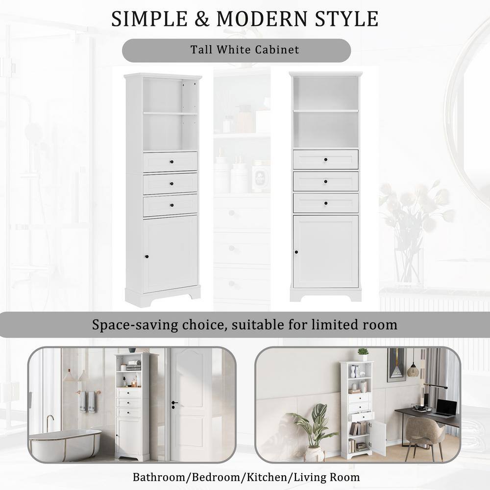 White Tall Bathroom Storage Cabinet with Adjustable Shelves and Drawers
