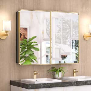 40 in. W x 32 in. H Rectangular Brass Gold Aluminum Alloy Framed Recessed/Surface Mount Medicine Cabinet with Mirror