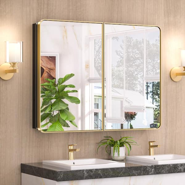 40 in. W x 32 in. H Rectangular Brass Gold Stainless Steels  Framed Recessed/Surface Mount Medicine Cabinet with Mirror