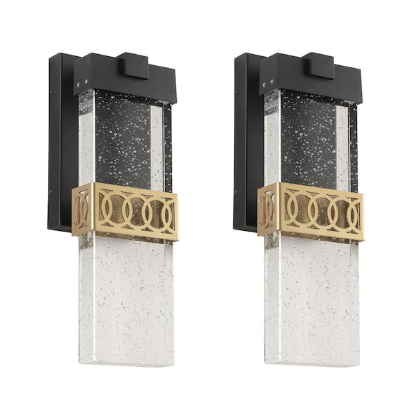 Jushua 2-Pack Black and Gold not Motion Sensing LED Outdoor Hardwired Wall Lantern Sconce with No Bulbs Included