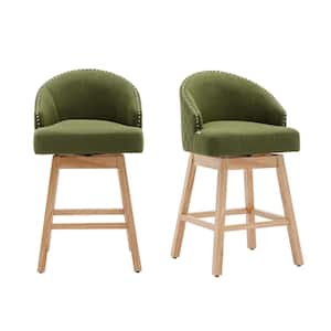 28.35 in. Olive Green Wooden Frame Swivel Bar Stools Counter Height Bar Stools with Linen Seat Set of 2