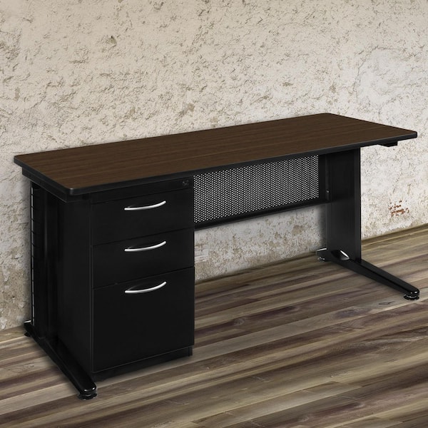 Fusion 66 in x 24 in Neo Walnut Teachers Desk with Single Pedestal Drawer Unit