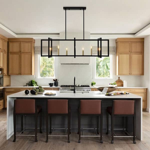LIBERTAB 7-Light 47.2 in.W Matte Black Pendant Light Industrial Farmhouse Rectangular Cage Kitchen Island Pendant Light