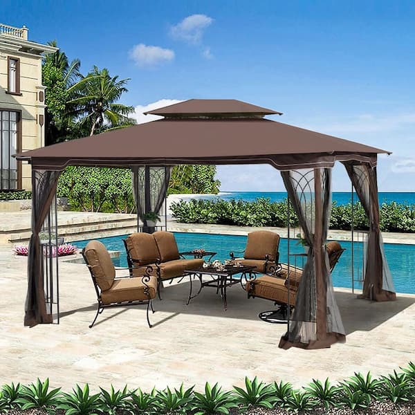 13 ft. x 10 ft. Patio Umbrella Gazebo Brown Steel Canopy with Ventilated Double Roof and Mosquito Net