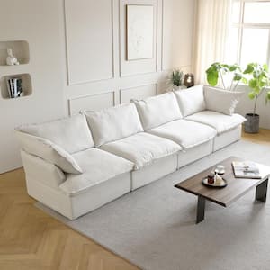 162.98 in. Flared Arm Linen Modern Rectangle Sofa with Pillow in White