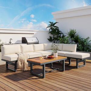 3-Piece Grey Metal Wood Patio Outdoor Conversation Set with Beige Cushions, Height-adjustable Seating and Coffee Table