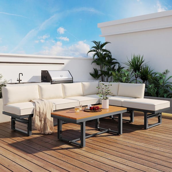 Zeus & Ruta 3-Piece Grey Metal Wood Patio Outdoor Conversation Set with Beige Cushions, Height-adjustable Seating and Coffee Table