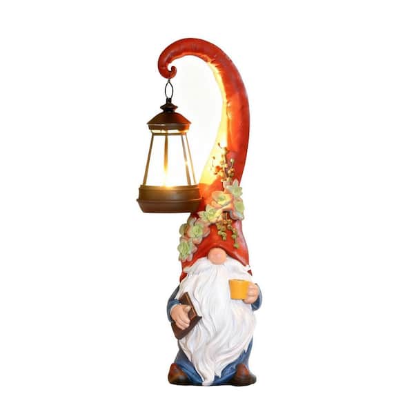 5 in. x 13 in. Red Resin Coffee Gnome Garden Statue Solar Powered