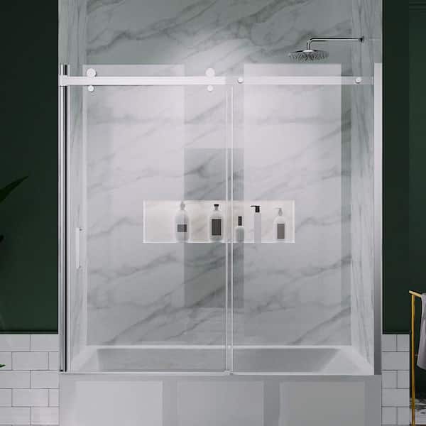 Xspracer Victoria 56- 60 in. W x 58 in. H Sliding Semi Frameless Tub Door in Silver Finish with Clear Glass