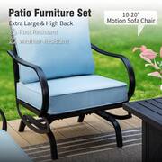 7 Seat 6-Piece Metal Outdoor Patio Conversation Set with Blue Cushions, Rocking Chairs, Rectangular Fire Pit Table