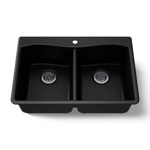 Kennon 33 in. Drop-In 1-Hole Double Bowl Neoroc Granite Composite Kitchen Sink in Matte Black