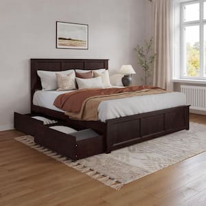 Madison Espresso Black Solid Wood Frame King Platform Bed with Matching Footboard and Storage Drawers