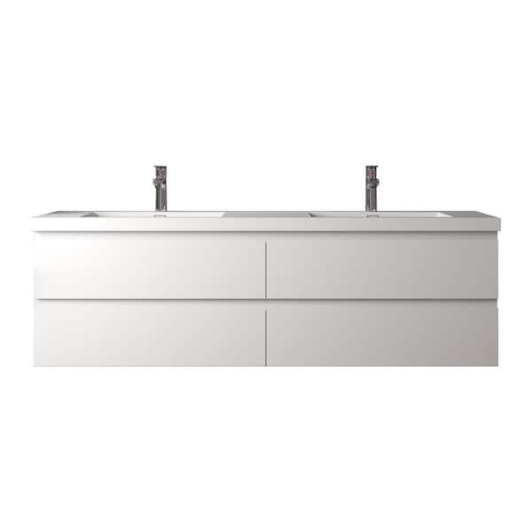 Angela 72 in. Double HG. White Bath Vanity Wall-Mounted Floating Vanities with Gloss White Resin Stone Top 4-Drawers