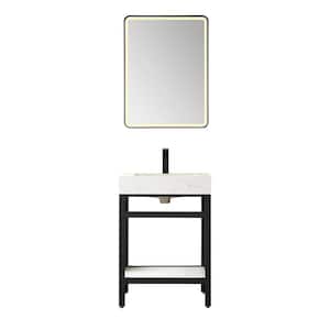 Funes 24 in. W x 22 in. D x 34 in. H Single Sink Bath Vanity in Matt Black with White Natural Stone Top and Mirror