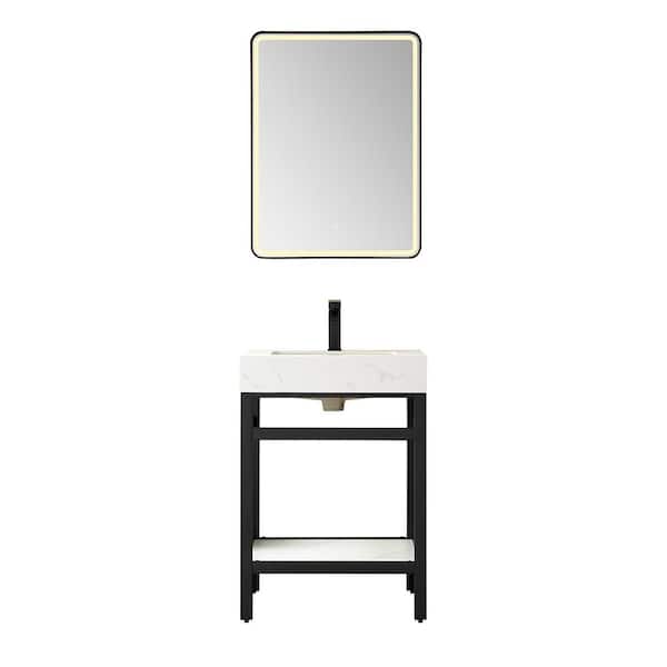 Funes 24 in. W x 22 in. D x 34 in. H Single Sink Bath Vanity in Matt Black with White Natural Stone Top and Mirror
