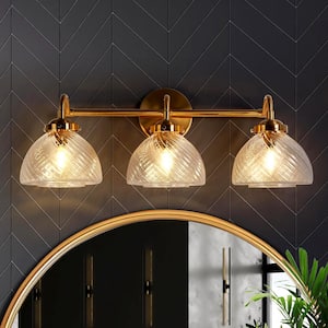 Modern Dome Bathroom Vanity Light 26 in. 3-Light Plating Brass Wall Light with Textured Glass Shades