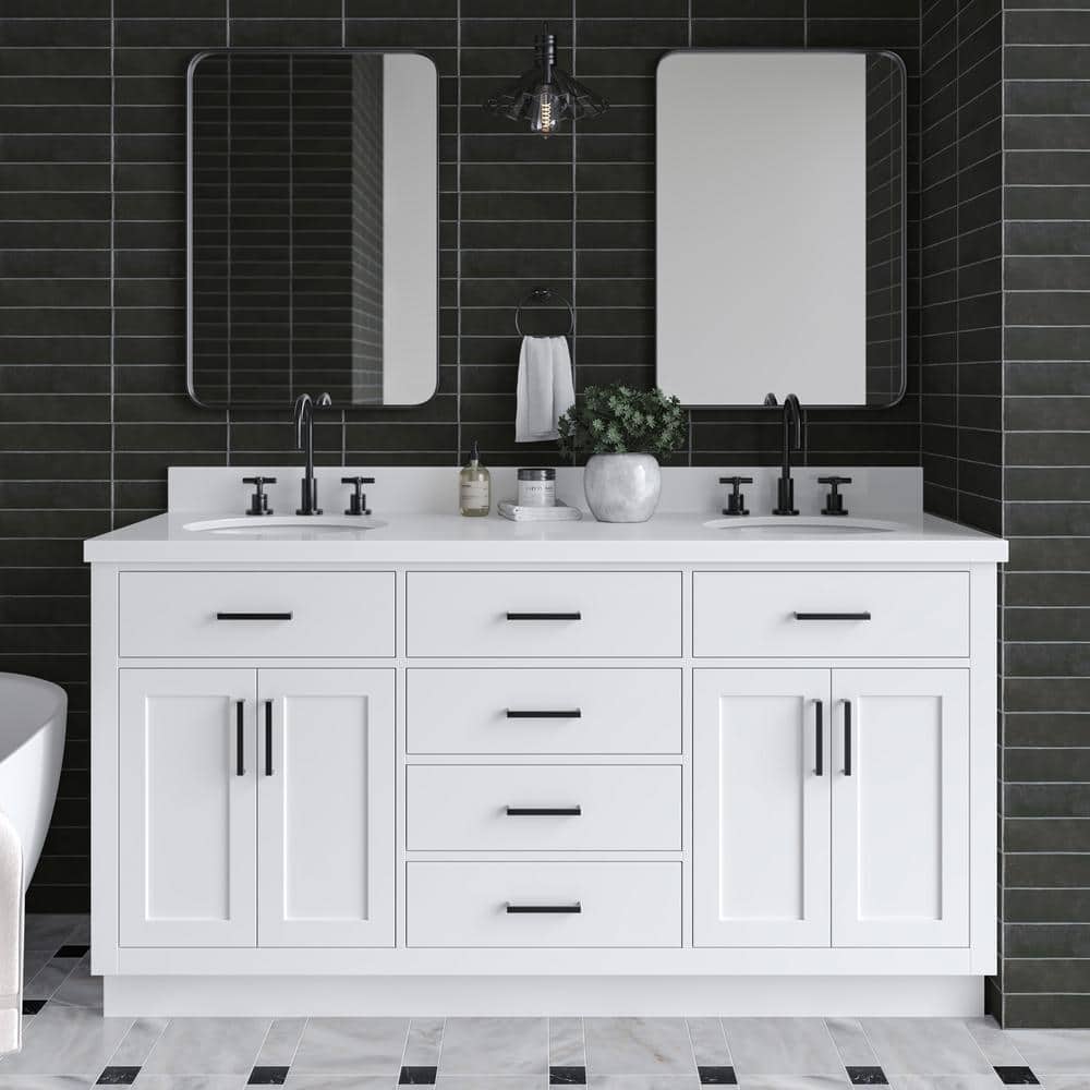 White Quartz Double Basin Freestanding Vanity with Black Hardware