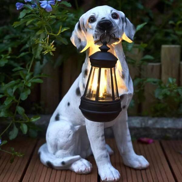 9 in. x 13 in. White Resin Garden Statue Dog Solar Hanging Light