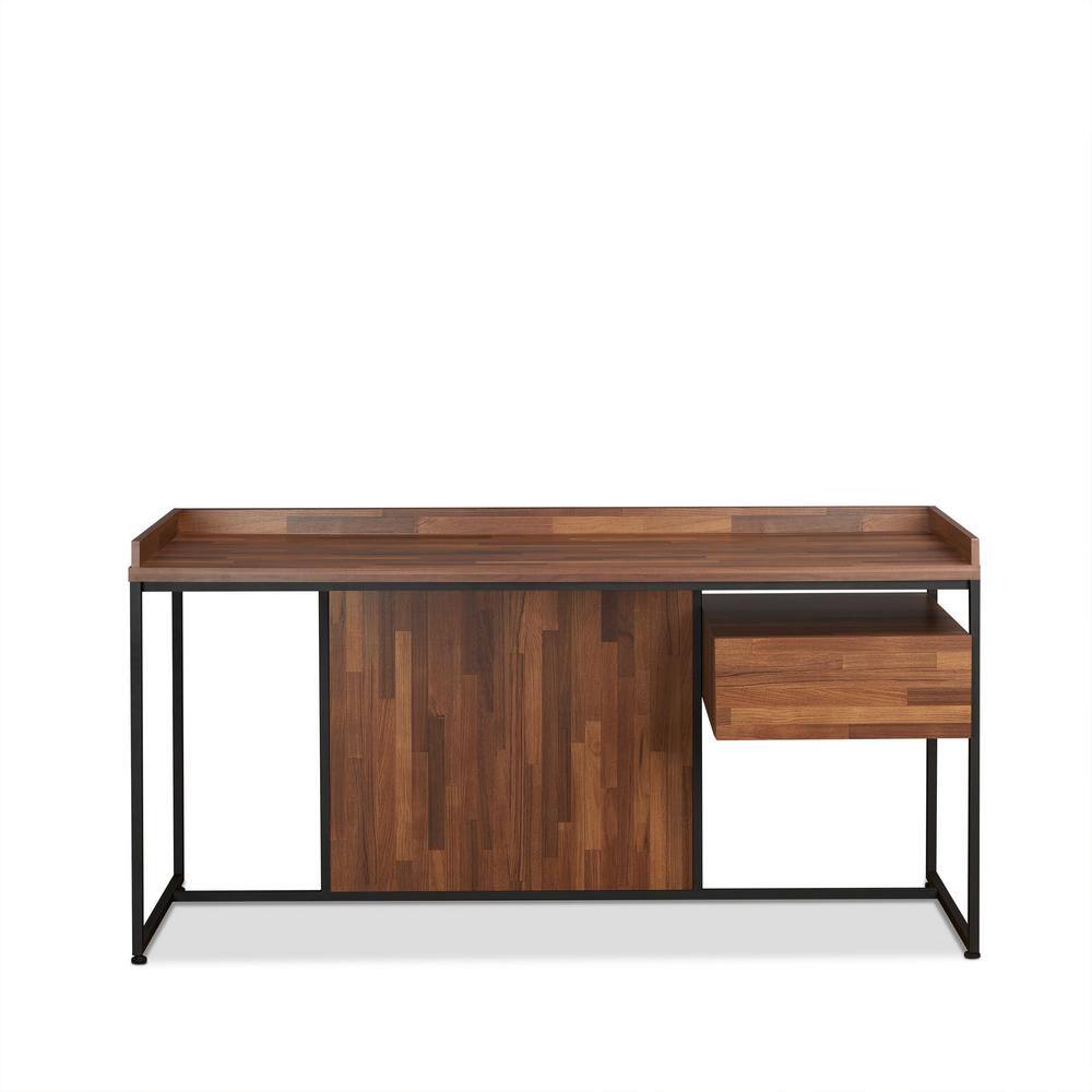Walnut and Black Wood Desk with Drawer and Metal Frame